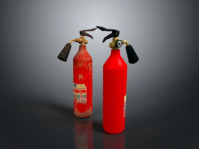 Red Household Fire Extinguishers Old And New With Black Nozzles Handles 3d model