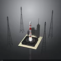 Modern Rocket On Launch Platform With Surrounding Tall Towers And High-Rise Buildings