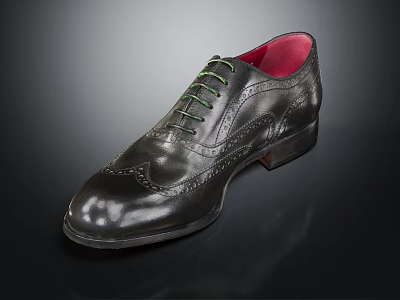 Black Leather Brogue Shoes With Green Shoelaces And Red Inner Lining Classic Design 3d model