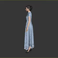 Woman In Blue Qipao With Stand Up Collar Short Sleeves Floral Hem Against Gray Background