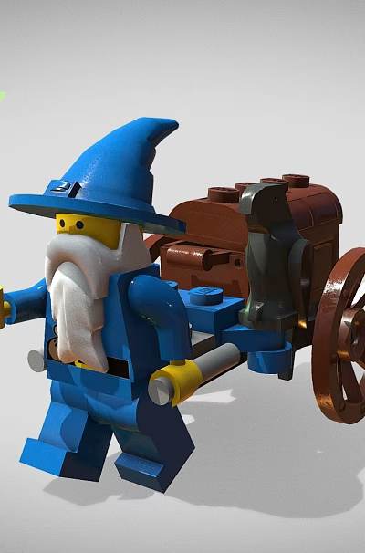 Blue Wizard Building Blocks Figure with Green Star Staff and Brown Cart 3d model