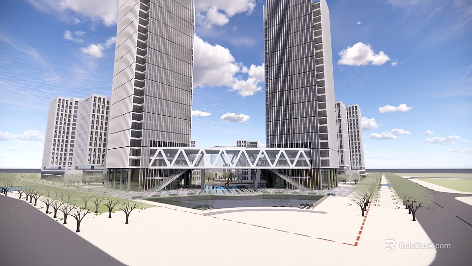 Modern Industrial Factory Building With Steel Structure Glass Curtain Wall And Green Landscaping 3d model 