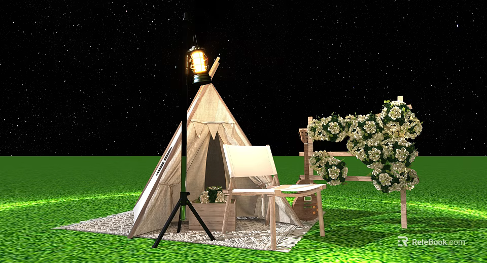 Cozy Outdoor Photo Spot With Tepee Lantern White Chair And Flower Frame Under Starry Sky 3d model 