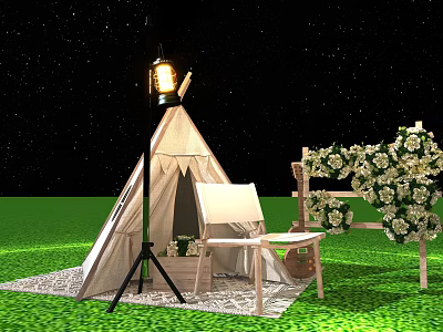 Cozy Outdoor Photo Spot With Tepee Lantern White Chair And Flower Frame Under Starry Sky 3d model