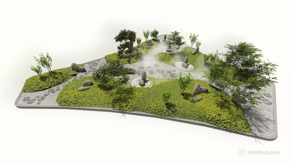 Karesansui Japanese Rock Garden Design With Rocks Moss Small Trees And Zen Pathways 3d model 