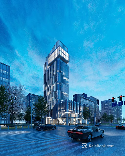 Modern High Rise Office Building With Glass Curtain Wall And Surrounding Urban Trees 3d model 