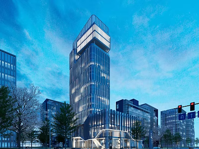 Modern High Rise Office Building With Glass Curtain Wall And Surrounding Urban Trees 3d model