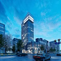 Modern High Rise Office Building With Glass Curtain Wall And Surrounding Urban Trees