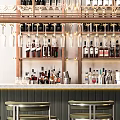 Modern Bar Counter With Hanging Wine Racks Wine Bottles Glasses And Bar Stools