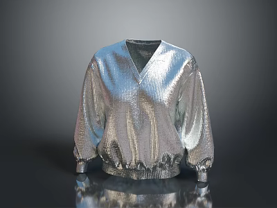 Silver V neck Sequin Sweater with Long Lantern Sleeves and Shiny Design 3d model