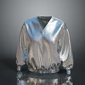 Silver V neck Sequin Sweater with Long Lantern Sleeves and Shiny Design