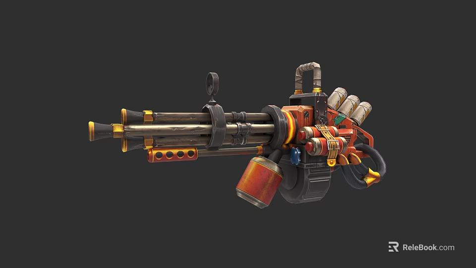Mechanical Weapon Design With Red Yellow Accents Barrel Pipe And Ammunition Drum 3d model 