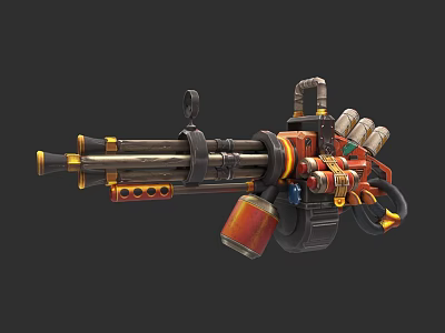 Mechanical Weapon Design With Red Yellow Accents Barrel Pipe And Ammunition Drum 3d model