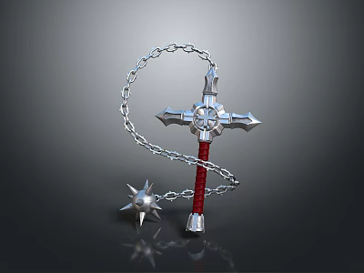 Cross Shaped Fantasy Weapon Featuring Red Handle Chain And Star Mace Head 3d model