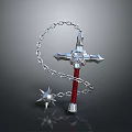 Cross Shaped Fantasy Weapon Featuring Red Handle Chain And Star Mace Head