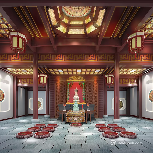 Traditional Chinese Buddhist Temple Interior With Buddha Statue Red Pillars Lanterns And Carved Decorations 3d model 
