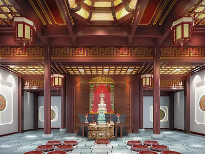 Traditional Chinese Buddhist Temple Interior With Buddha Statue Red Pillars Lanterns And Carved Decorations 3d model