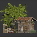 Cartoon Scene Featuring Small Cabin Red Tile Roof Stone Tower Bench String Lights Green Tree