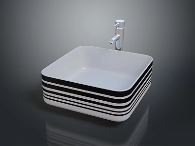 Modern Bathroom Sink In White With Black Stripes And Chrome Faucet On Dark Surface 3d model