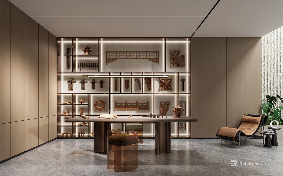 Stylish Modern Public Office Interior With Open Layout And Wooden Desk Bookshelves 3d model 