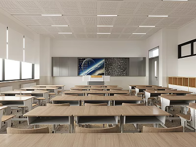 Modern School Classroom Interior With Wooden Desks Chairs Whiteboard Windows And Ceiling Lights 3d model