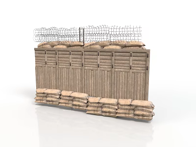 Modern Defensive Barricade Structure With Sandbags Wooden Planks And Barbed Wire 3d model