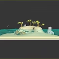 Cartoon Tropical Island Scene With Green Palm Trees Blue Water And Geometric Ice Pieces