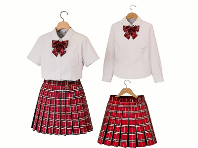 School Uniform Clothes White Shirts With Red Plaid Bow Ties And Pleated Skirts 3d model