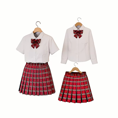 School Uniform Clothes White Shirts With Red Plaid Bow Ties And Pleated Skirts 3d model