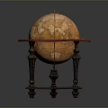 Antique Brown Globe With Detailed World Map On Carved Wooden Stand