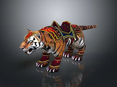 Ornate Decorated Tiger Mount With Colorful Saddle And Leg Armor Details 3d model