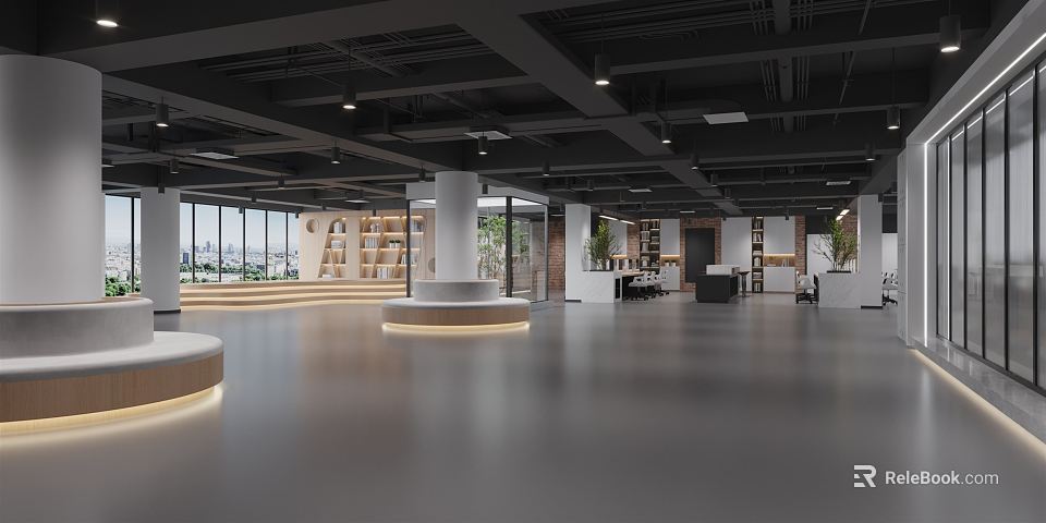 Modern Open Public Office Space with Large Windows Bookshelves Round Seating Area and Gray Flooring 3d model 
