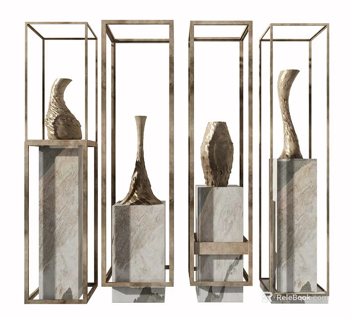 Ornamental Decorative Set Featuring Metal Frames Marble Bases And Various Shaped Ornaments 3d model 