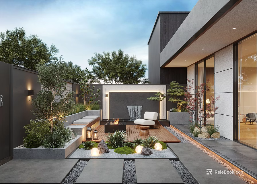 Modern Courtyard Garden Design With Outdoor Seating Green Plants Lighting Wooden Deck And Stone Pathway 3d model 