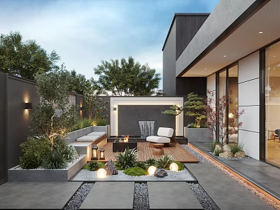 Modern Courtyard Garden Design With Outdoor Seating Green Plants Lighting Wooden Deck And Stone Pathway 3d model
