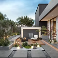 Modern Courtyard Garden Design With Outdoor Seating Green Plants Lighting Wooden Deck And Stone Pathway
