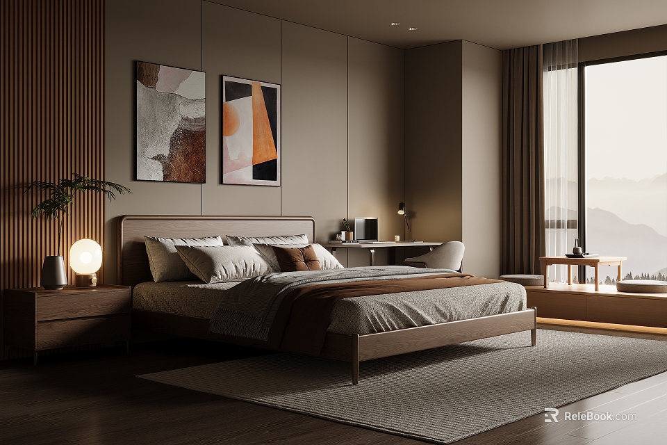Modern Minimalist Bedroom Interior with Wooden Elements Two Abstract Paintings Large Window and Bed Rug 3d model 
