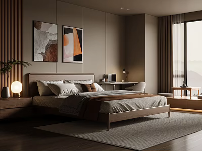 Modern Minimalist Bedroom Interior with Wooden Elements Two Abstract Paintings Large Window and Bed Rug 3d model