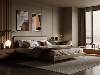 Antique Style Home Bedroom Solid Wood Double Bed Bedside Table Wall Panel Chandelier Floating Windowsill Tatami Tea Table Solid Wood Desk and Chair Combination Carpet Hanging Picture 3d model