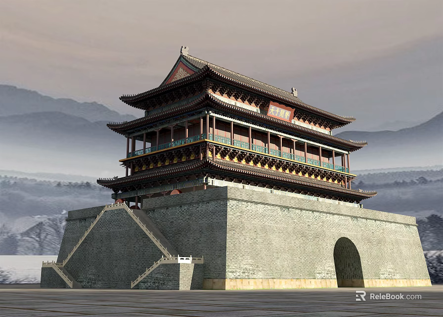 Ancient Chinese Watchtower With Multi tiered Roof Ornate Eaves And Mountain Backdrop 3d model 