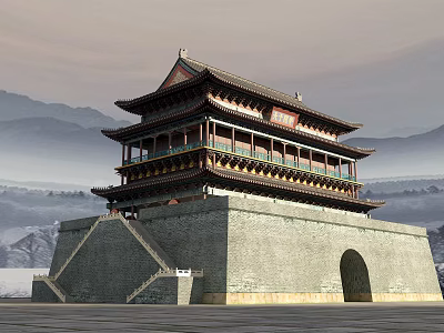Ancient Chinese Watchtower With Multi tiered Roof Ornate Eaves And Mountain Backdrop 3d model