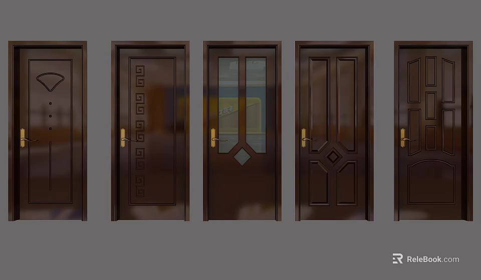 Brown Hinged Doors With Various Carved Patterns And Glass Panels For Home 3d model 