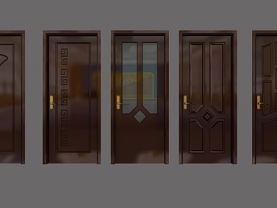 Brown Hinged Doors With Various Carved Patterns And Glass Panels For Home 3d model