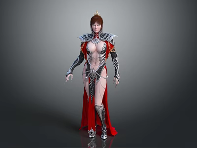 Game Movie Character With Red Long Hair Golden Crown Ornate Shoulder Armor And Red Cape 3d model