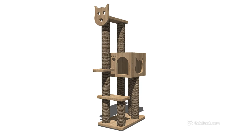 Sturdy Cat Tree With Scratching Posts Multiple Shelves Cat House And Top Cat Face Design 3d model 