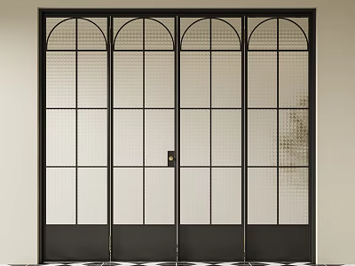 Modern Black Frame Folding Doors With Glass Grid And Arched Top Design 3d model