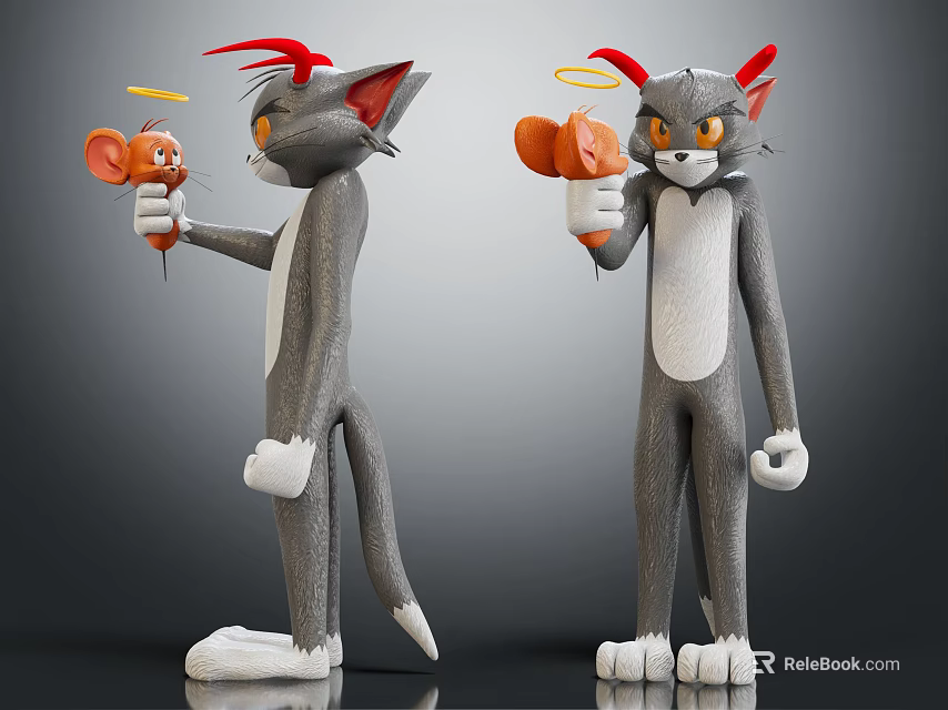 Two Gray Cat Characters With Red Horns And Halos Holding Small Mice In 3D Design 3d model 