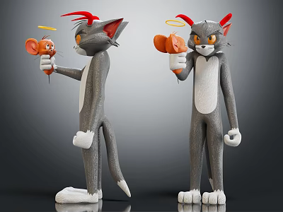 Two Gray Cat Characters With Red Horns And Halos Holding Small Mice In 3D Design 3d model