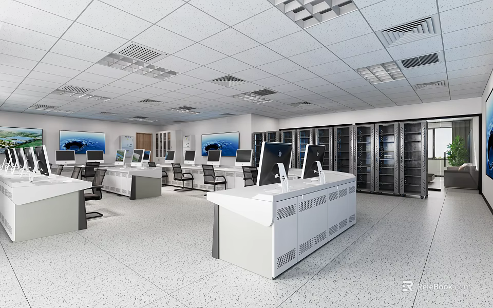 Modern Monitoring Room With Multiple Computer Monitors Control Consoles And Server Racks 3d model 