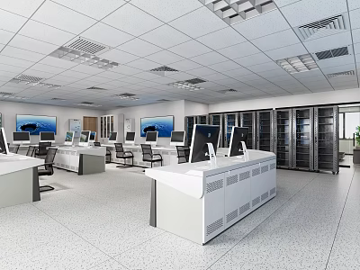 Modern Monitoring Room With Multiple Computer Monitors Control Consoles And Server Racks 3d model